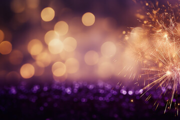New year cinematic golden fireworks on the purple background. AI Generated. 4K Wallpaper.