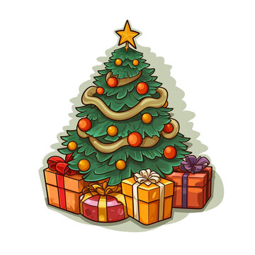 Sticker, flat, cartoon, Christmas tree, surrounded by 2 gifts, white background сreated with Generative Ai