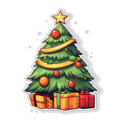 Obraz na płótnie Canvas Sticker, flat, cartoon, Christmas tree, surrounded by 2 gifts, white background сreated with Generative Ai