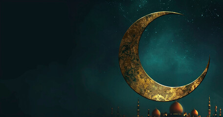 Elegant crescent moon over mosque silhouette in night sky

