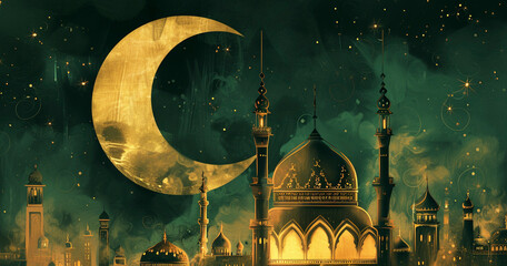 Teal and gold mosque silhouette against crescent moon and starry sky
