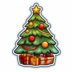 Naklejka premium Sticker, flat, cartoon, Christmas tree, surrounded by 2 gifts, white background сreated with Generative Ai