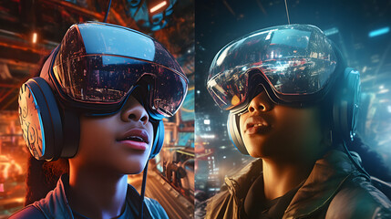Naklejka premium Cinematic shot of young guy with VR glasses are having fun to use augmented reality technology.