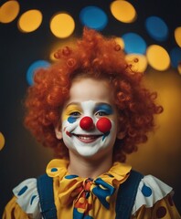 portrait of children smiling clown, isolated yellow background, copy space for text
