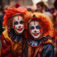 Obraz premium Carnival Cuties: Children Dressed as Clowns Bring Vibrant Colors to the Festivities