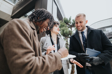 Three joyful business colleagues engage in a cheerful discussion outside an office building, sharing ideas with a notepad in hand.