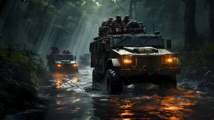 Military convoy of tactical vehicles crossing a river using specialized amphibious capabilities