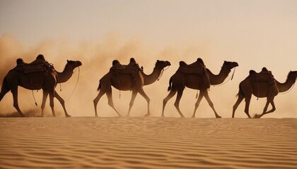 Fototapeta na wymiar side view of silhouettes of camels and their owners moving in single file in a sandstorm in the desert 