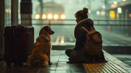 upset woman with a dog wating for a train on railway station, ai