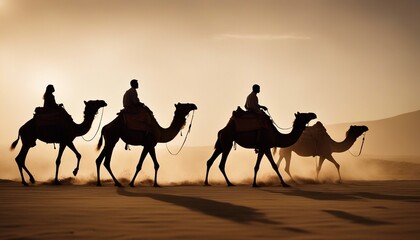 side view of silhouettes of camels and their owners moving in single file in a sandstorm in the desert
