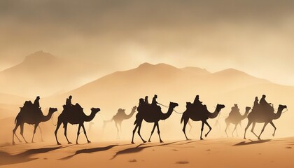 Fototapeta na wymiar side view of silhouettes of camels and their owners moving in single file in a sandstorm in the desert 