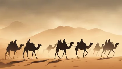 Foto op Canvas side view of silhouettes of camels and their owners moving in single file in a sandstorm in the desert  © abu