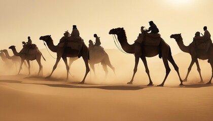 side view of silhouettes of camels and their owners moving in single file in a sandstorm in the desert
