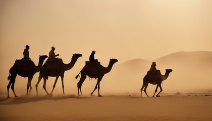 side view of silhouettes of camels and their owners moving in single file in a sandstorm in the desert
