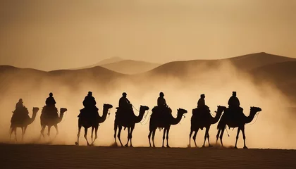 Rugzak side view of silhouettes of camels and their owners moving in single file in a sandstorm in the desert  © abu