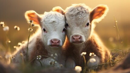 Obraz premium two cute little calves in an open meadow