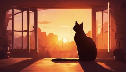 silhouette of a cat in the room looking out of the window, sunset, warm lights 
