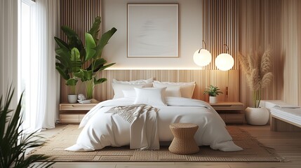 The serenity of a modern minimalist bedroom adorned with clean lines, neutral tones, and pops of greenery, focusing on key elements of contemporary interior design.
