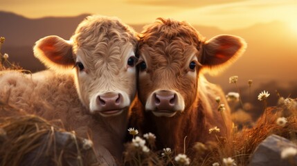 two cute calves in an open meadow