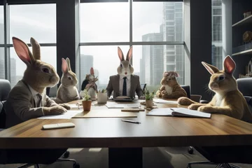 Foto op Plexiglas business leader Rabbit in boardroom. Portrait of confident business leader with colleagues. Funny image © Александр Ткачук