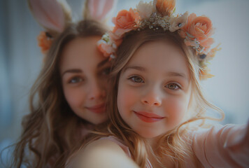 Fototapeta premium Cheerful woman with a headband and a flower in her hair smiles while taking a selfie with her fashionable friend indoors