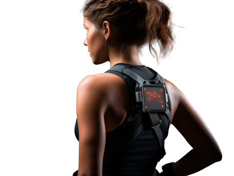 a woman wearing a device on her back