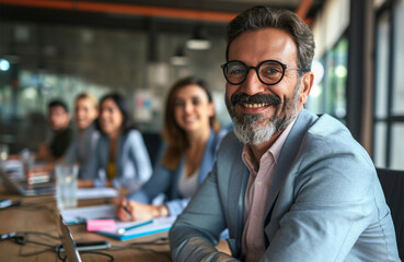 Obraz premium Portrait of a smiling mature businessman with colleagues in the background at office
