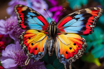 Concept photo shoot of close-up colorful butterfly in forest - Powered by Adobe