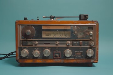 Fototapeta premium Classic orange audio recorder with turntable against a vibrant blue backdrop