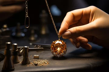 Poster Close-up of a jeweler delicately setting a flawless gemstone into a gold necklace © SappiStudio