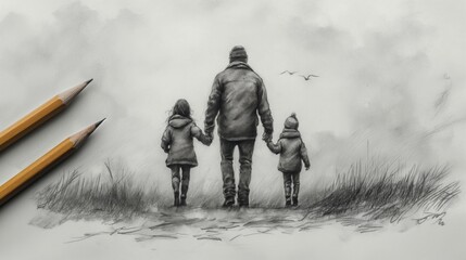 pencil drawing illustration, family refugees fleeing war into the unknown
