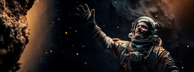 Astronaut in spacesuit reaching out to another planet
