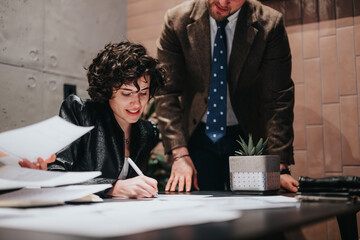 Focused people collaborate over architectural designs in a modern office. Teamwork and dedication in a business environment.