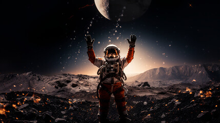 Astronaut in spacesuit reaching for the moon - Powered by Adobe