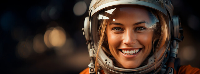 Portrait of a beautiful young woman in space helmet smiling at camera