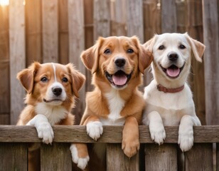 Three funny dogs with look over a fence, bathed in the warm glow of a sunset.