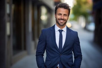 Naklejka premium Confident, smiling businessman in urban setting. Generative AI. S001