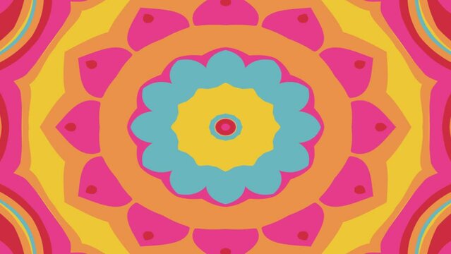 Kaleidoscope animation background, colorful mandala floral ornament pattern.