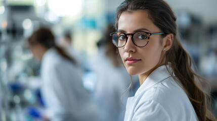 Fototapeta premium Beautiful young woman scientist in a white coat and glasses, working in a modern medical science laboratory. Team of specialists collaborating in the background