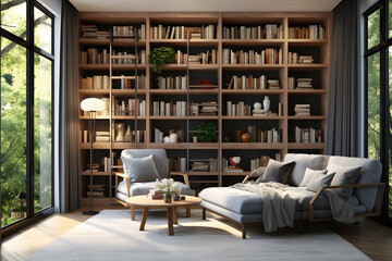 room with a cozy reading nook - obrazy, fototapety, plakaty
