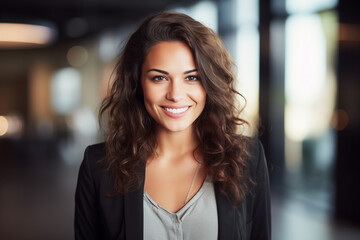 Naklejka premium Cheerful, attractive businesswoman with a confident smile. Generative AI. W001