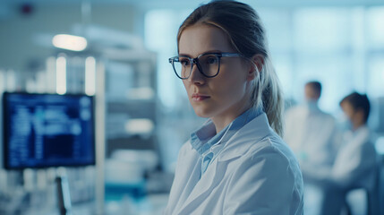 Fototapeta premium Beautiful young woman scientist in a white coat and glasses, working in a modern medical science laboratory. Team of specialists collaborating in the background