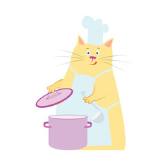 Cat - cook and a metal pot for soup on a white background