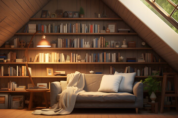 room with cozy reading nook and shelves - obrazy, fototapety, plakaty