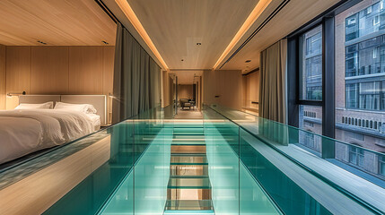 Luxurious Indoor Pool for Relaxation and Leisure, Modern Hotel Spa Design with Water Reflections and Comfortable Chairs