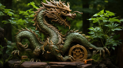 Wooden dragon in a jungle. Year of dragon 2024