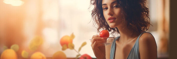 Healthy Lifestyle and Nutrition Concept: A Serene Woman Enjoying a Fresh Peach at a Cozy Dining Table, Surrounded by a Variety of Organic Fruits on a Sunny Morning, Captured in a High-Resolution 4K - obrazy, fototapety, plakaty