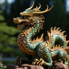 Obraz premium Wooden dragon, Wood dragon year 2024. Luxury dragon statue. 