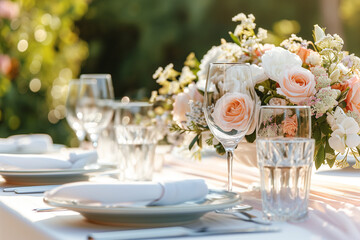 Fototapeta premium Elegant table setting with flowers and cutlery in the garden