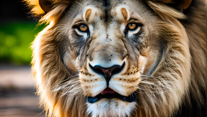 Fototapeta premium Close-up of the head of an aggressive Lion ready to attack , Wild animal , Lion king